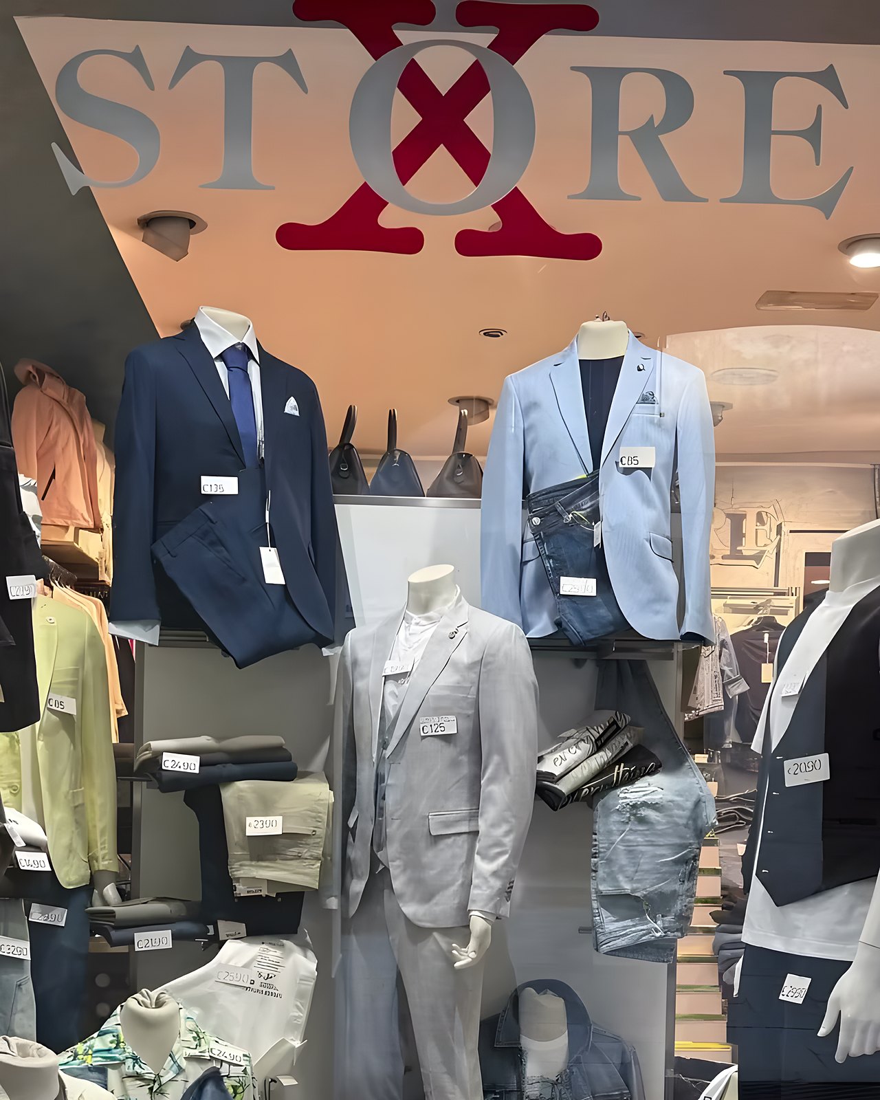 La vetrina di XStore con l'insegna e i completi uomo